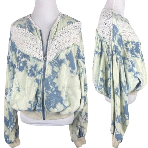 Free People Bohemian Crochet Oversized Tie Dye Full Zip Sweatshirt Bomber Jacket - Picture 2 of 16